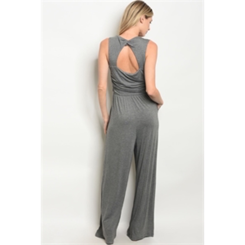 Solid Gray Wide Leg Jersey Jumpsuit